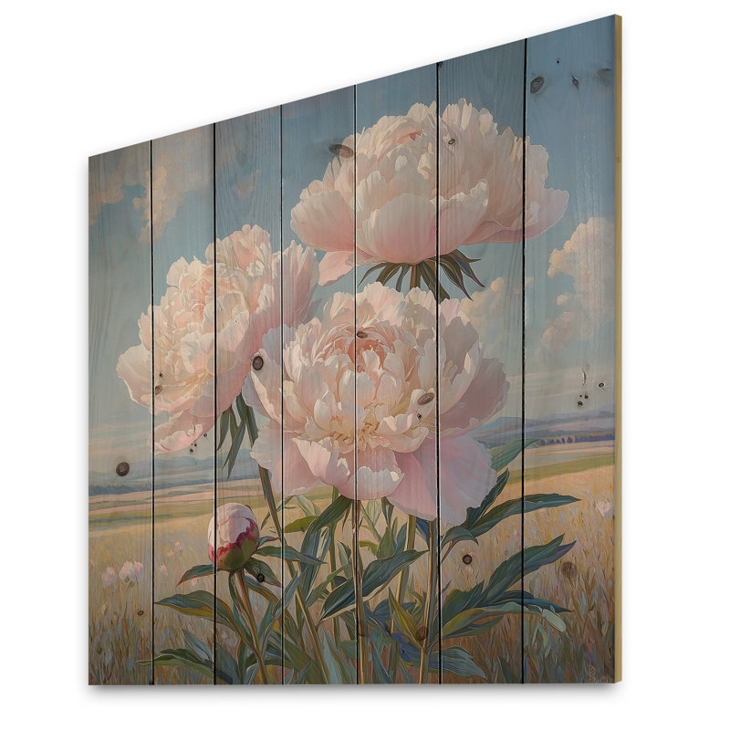 Peonies At The Farms Edge VI - Peonies Wood Wall Decor - On Natural Pine Wood, 15" H x 15" W x 0.78" D