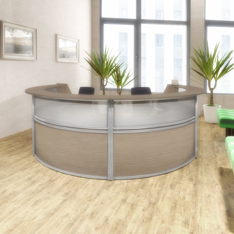 Bureau de réception courbé à quatre unités Reglex Marque Plexi «142W X 103D» - chêne noble