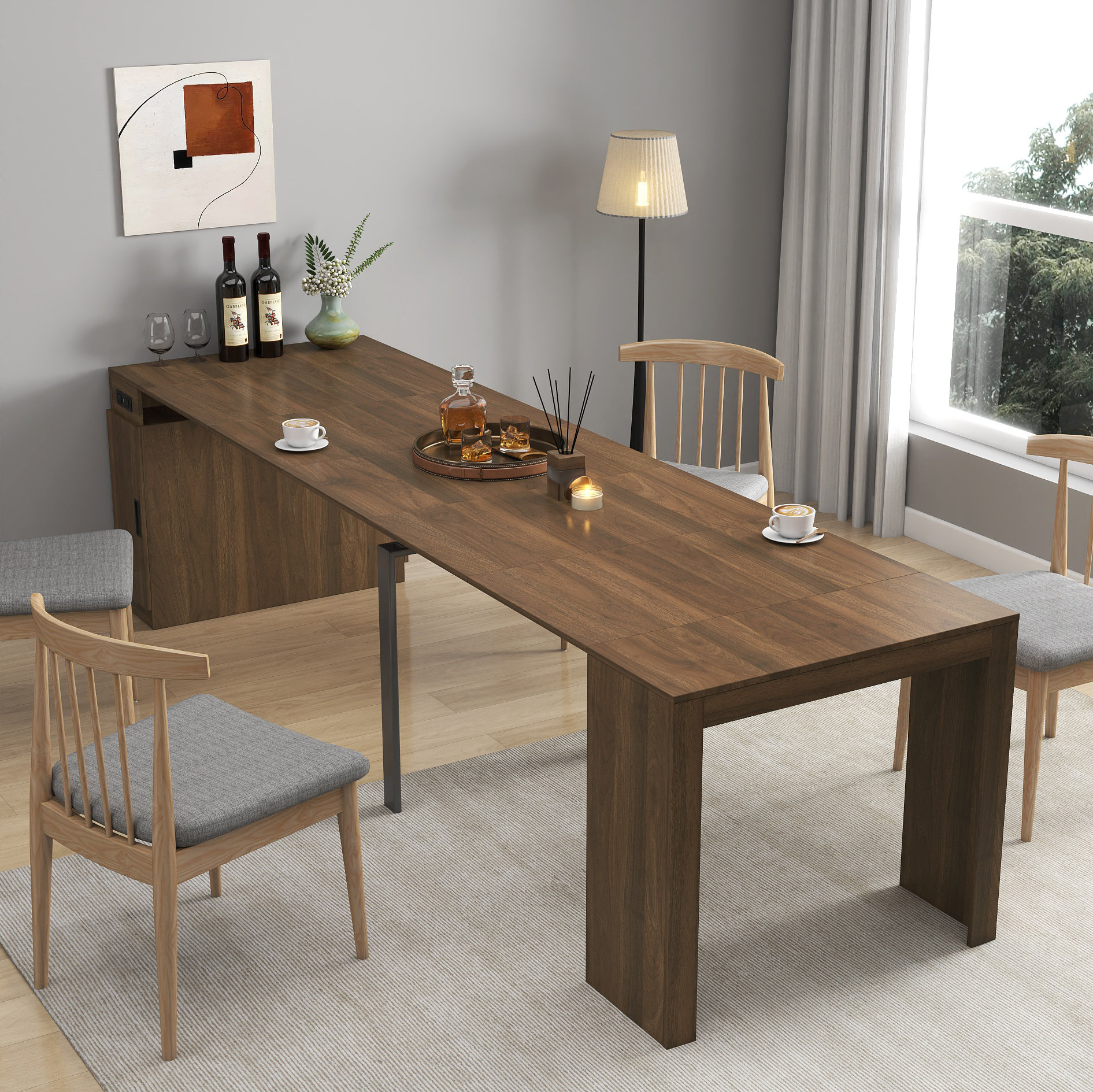 Modern Multifunctional Extendable Dining Table with Outlet, Space Saving Expanding Table with Storage for Party, Weddings, Meetings, Celebrations