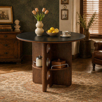 Medieval-style black Sintered Stone round dining table with storage compartments, walnut color MDF legs. Suitable for a home dining room, for a family of 2 to 4 people. Double-layered tabletop.