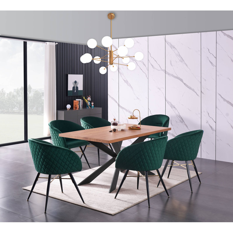 Kenery 6 Person Dining set - a Rectangular Wooden Dining Table with Metal Legs and a Set of 6 Quilted Velvet Dining Chairs for Dining Room - Modern Dining Table Set