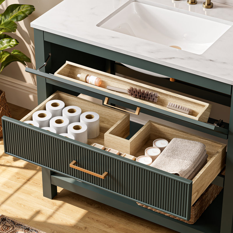 Meuble-lavabo simple 36 po avec plateau en marbre artificiel 36 po, entièrement assemblé, vert, Vert