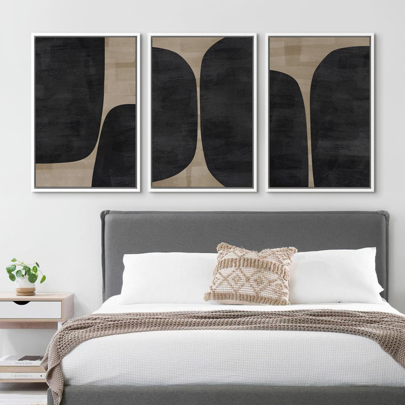 Nordic Shapes " Dark Grey Black Block Abstract Shape Illustration Modern Decor Relax Calm Chic " 3 - Pieces, Blanc