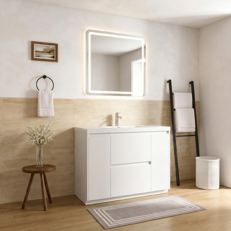  Meuble-lavabo autoportant 48 po avec plateau en pierre blanche, 2 tiroirs, 2 portes pour salle de bain 48 po, 48"