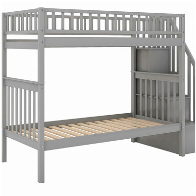 Twin over Twin Bunk Bed with Trundle and Storage, Gray