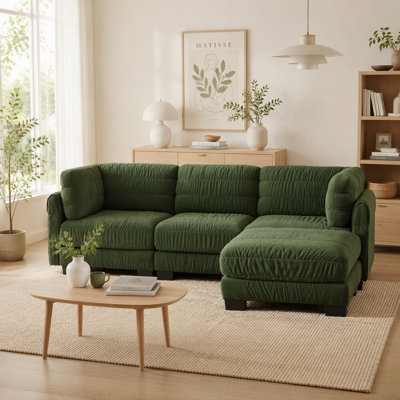 Canapé d'angle modulaire 3 places en chenille camel froncée, 224 cm (88 po) | Forme en L avec pouf amovible | Revêtement en mousse haute densité | Montage facile | Parfait pour le salon ou la chambre