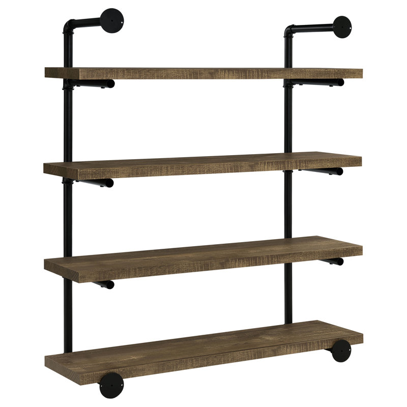 Olivia 4-Shelve Industrial Pipe Wall Shelf, Rustic Oak, 46" H x 39.25" W x 11.5" D
