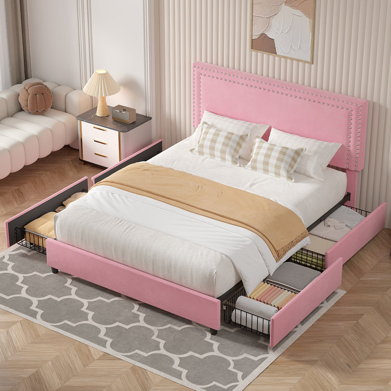 Queen Size Bed with Storage Drawers Upholstered Platform Bed Adjustable with Nailhead Trim Headboard Wooden Slats Support Bed Frame