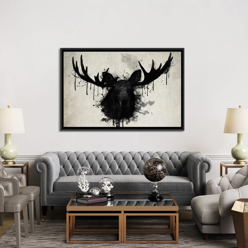 «Moose», reproduction d'impression sur toile, H 18 po x l 26 po x P 1,5 po, Toile avec cadre noir, Pas de tapis