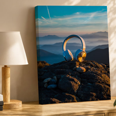 Canvas A Pair Of Sleek White Headphones Rests On A Rugged Wall Art Dark Rock Surface Illuminated By Warm Golden Light From A For Canvas Wall Art