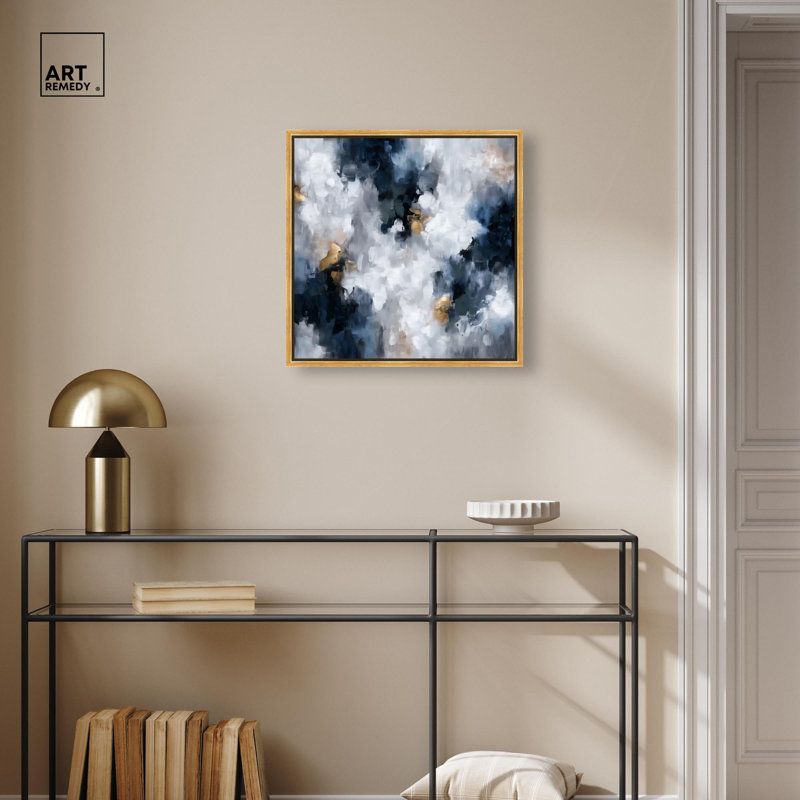 «Midnight and Ivory I», art mural abstrait sur toile , H 21 po x l 21 po, Cadre flottant doré