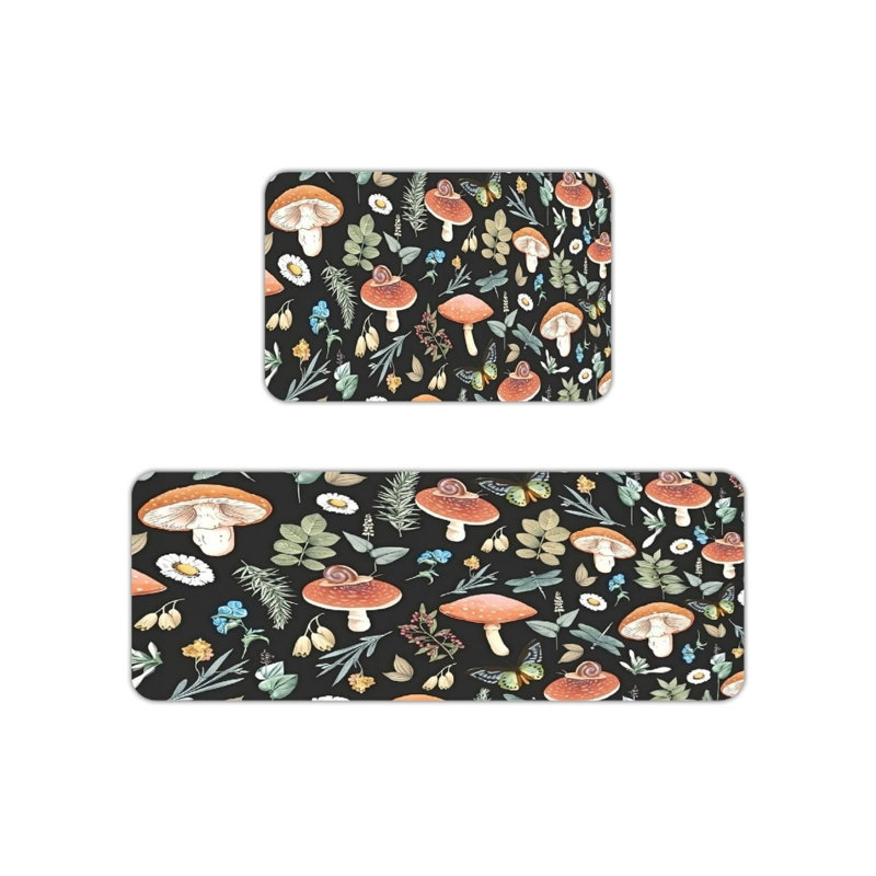 Ensemble de 2 tapis de cuisine noirs en forme de champignon et papillon noir pour décor de maison de campagne fantaisiste