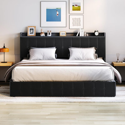 Structure de lit de rangement relevable, lit plateforme en métal avec tête de lit, support de lattes de bois, aucun sommier requis, noir