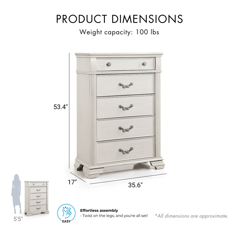 Commode 5 tiroirs Adames, Blanc