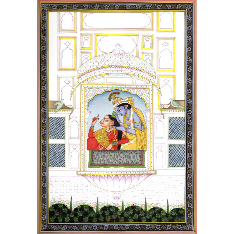 Krishna peignant les cheveux de Radha | Aquarelle sur papier