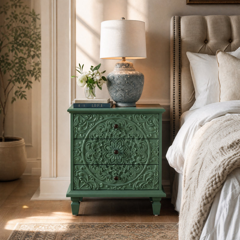 Buffet décoratif 3 tiroirs en bois sculpté, Green