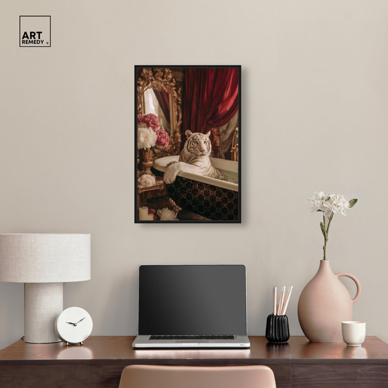 «Elegant Sparkling Bath Tiger Glam», impression sur toile encadrée par Art Remedy, cadre noir, 16 x 24, 25"H x 17"W