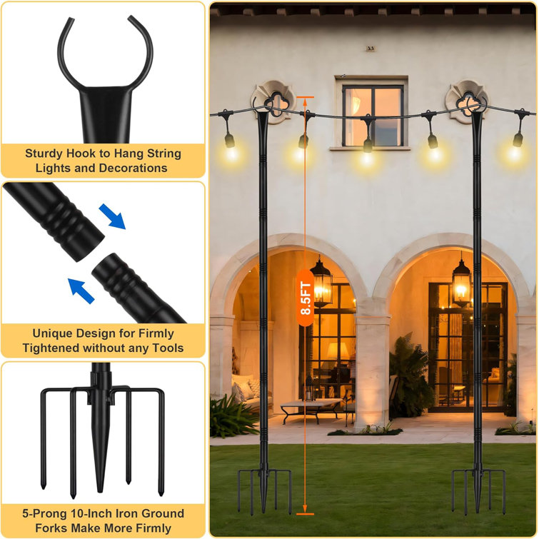 Suchtale String Light Poles with Hooks, 8.5FT Outdoor String Light Poles  with 5-Prong Forks, 2 Pack