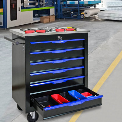 Chariot à 6 outils sur roulettes - noir et bleu, thermolaqué, verrouillé à clé, comptoirs en acier lisse, chariot à roulettes 6 tiroirs 4 po avec roulettes, acier robuste, armoire verrouillable, comptoir en acier inoxydable,