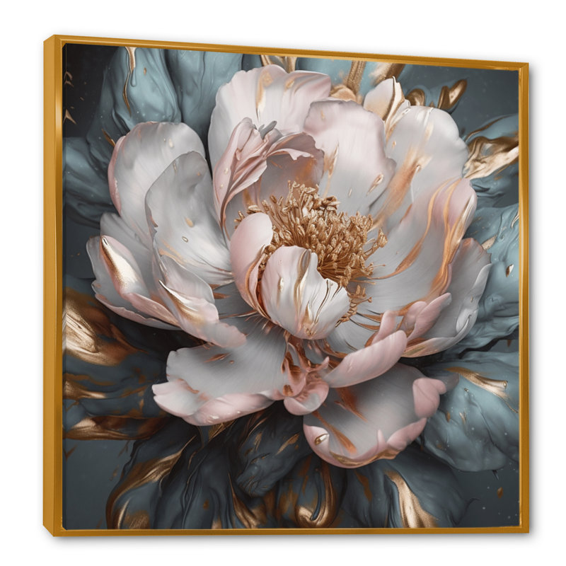 Pivoines roses et grises en fleurs I - impressions florales sur pivoines, H 36 po x l 36 po, Cadre flottant doré