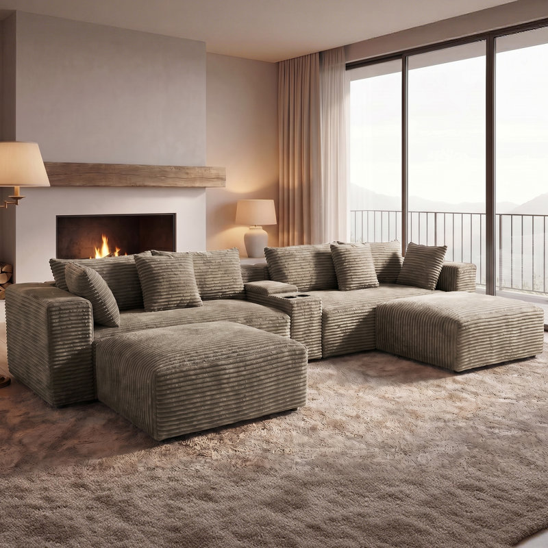 Canapé modulaire surdimensionné en velours côtelé avec console USB et porte-gobelets, Brown Chenille