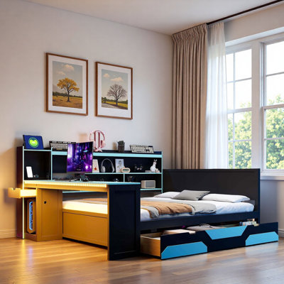 Lit de jour Modern Gaming avec bureau intégré, bandes lumineuses, station de charge intégrée, 3 tiroirs de rangement et tablettes de rangement