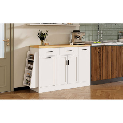 Buffet de rangement multifonctionnel avec étagère à épices à 3 niveaux, poubelle cachée et armoire à porte coulissante. Conception à deux tons pour le rangement des canettes de la salle à manger de la cuisine, beaucoup d'espace