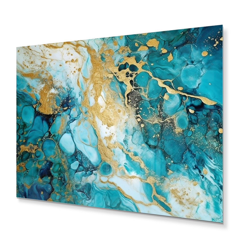 Turquoise luxueux, art fluide abstrait VI - impression sur métal, H 16 po x l 32 po x P 1 po