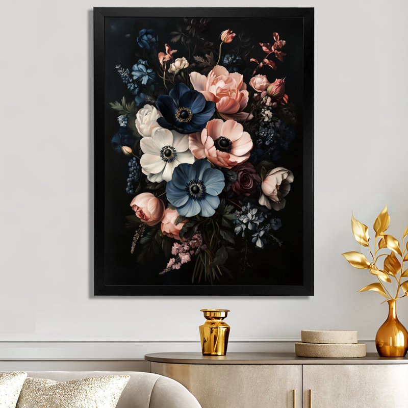 Bouquet d'anémones de minuit - Décoration murale sur toile encadrée à motif floral, H 44 po x l 34 po, Cadre photo noir