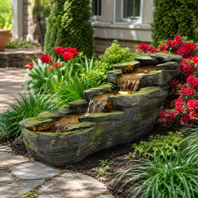 Outdoor Water Fountain, 41.3" Long Rock Waterfall Resin Garden Fountain with Warm LED Lights