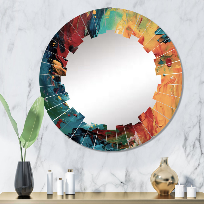 Jaune et turquoise Journey of Abstraction IV - Miroir mural rond moderne, 32 po x 32 po