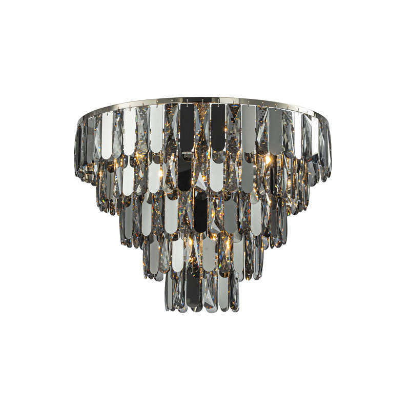 4-light Dimmable 3-tier Smoked Crystal Flush Mount Ceiling Light 14" Round Low Profile Chandelier With Polished Nickel Finish And Stainless Steel Accents For Dining Room, Entryway