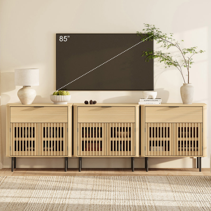 Meuble télé de 94,5 po de style Mid-Century pour téléviseur de 100 po ou moins, meuble audio-vidéo en bois avec rangement pour salon