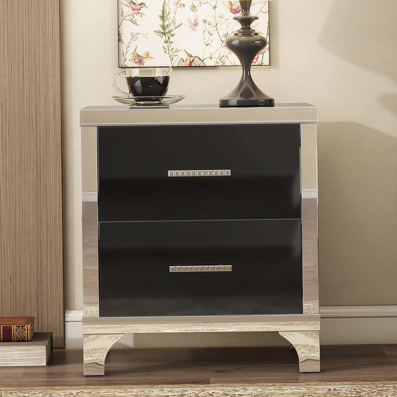 Élégante table de chevet ultrabrillante avec poignée en métal, Noir, noir, noir, noir