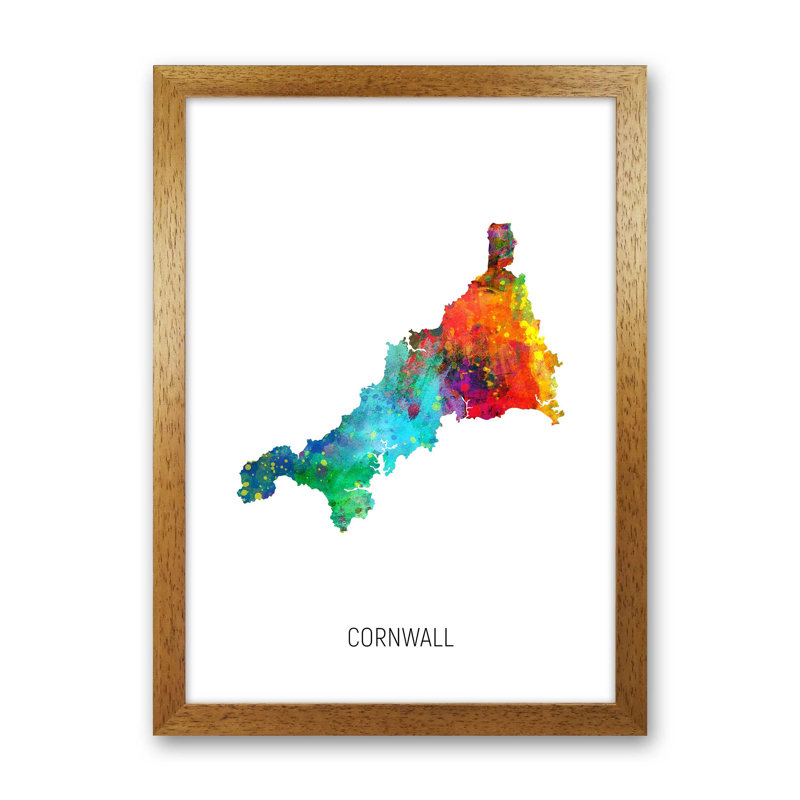 Cornwall Watercolour Map by Michael Tompsett - Print, 88cm H x 64cm W x 3cm D, Brown Framed