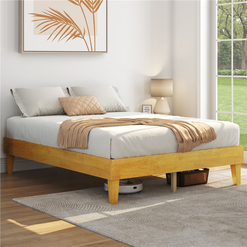 Multi-sized Wooden Platform Bed Frame with Sturdy Slat Support, Natural Wood, Queen