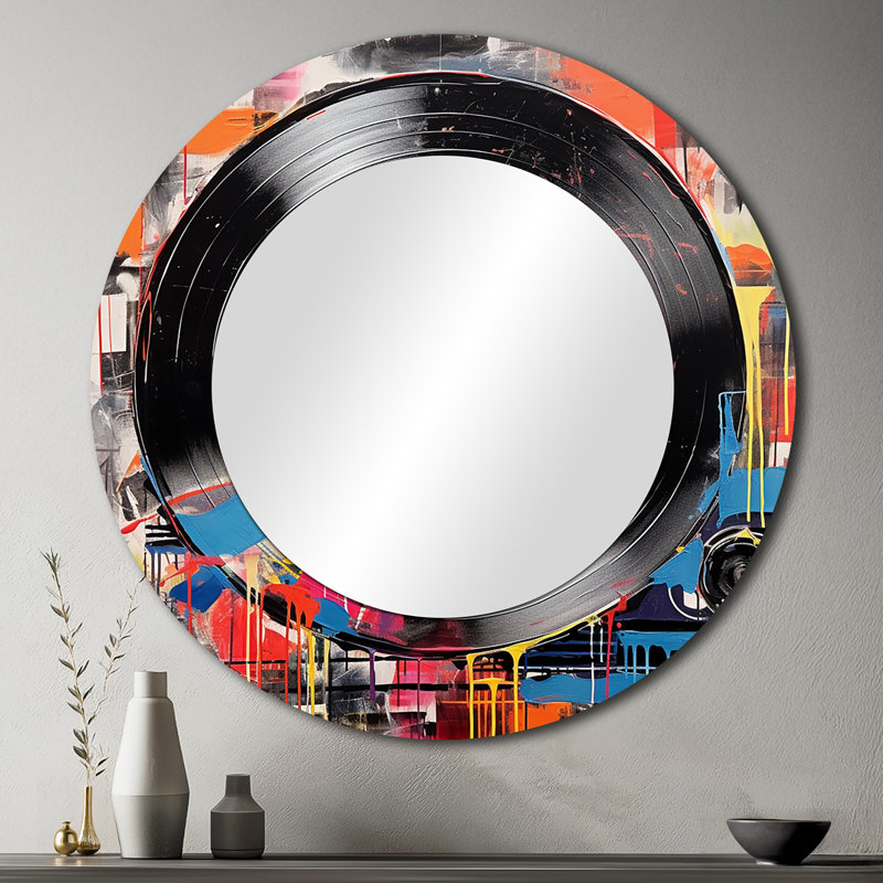 Coloré rétro vinyle III - grand disque vinyle, miroir mural rond unique moderne, art imprimé en métal, 36 po x 36 po