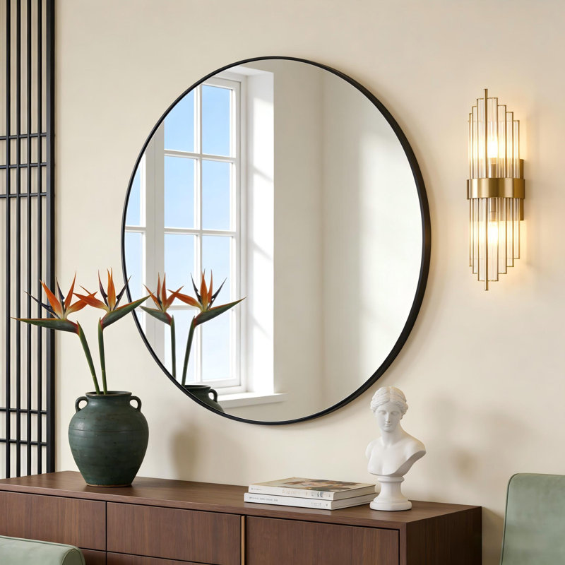 Miroir mural décoratif en verre trempé et alliage d'aluminium, 39 po x 39 po, Noir