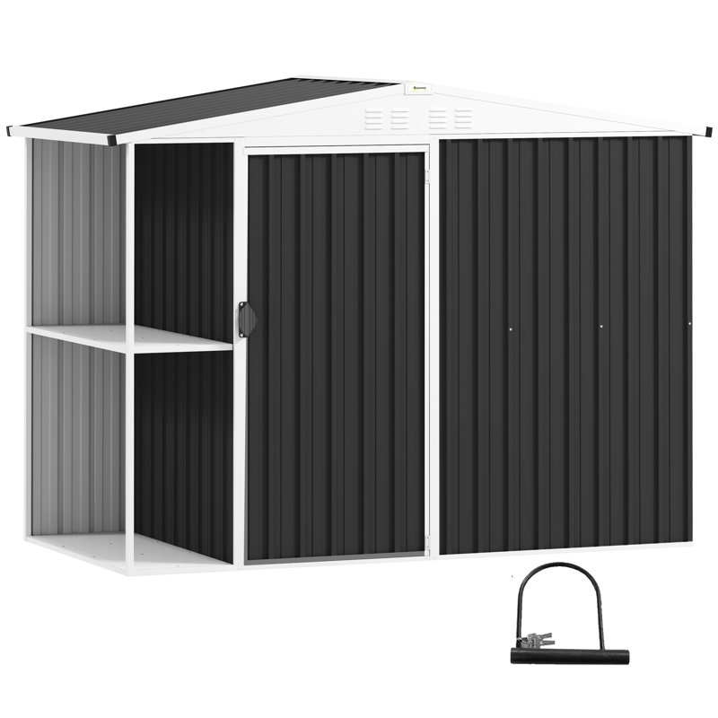 8 x 4ft Outdoor Storage Shed, Metal Garden Shed with 2-Tier Storage Rack, Air Vents and Lockable Door, Tool Shed for Backyard, Patio, Lawn