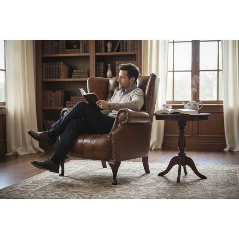 Upholstered Full Grain Leather Wingback Chair, Antique Tan