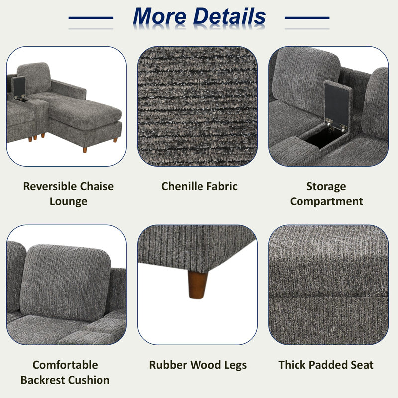 Canapé d'angle en L avec compartiment de rangement et méridienne réversible, Chenille gris anthracite Knox