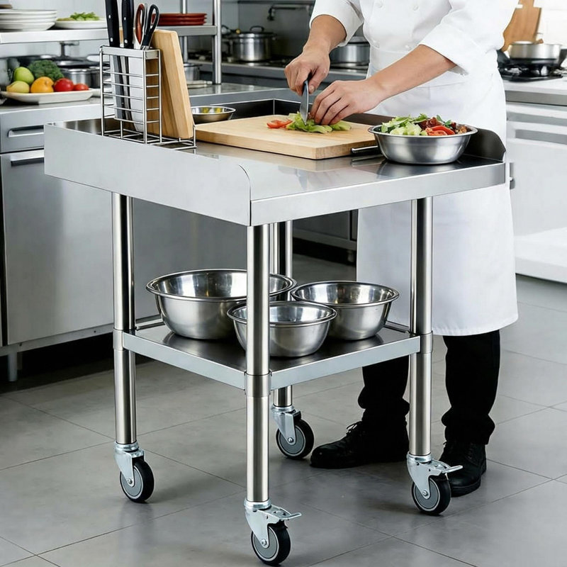 Table de travail en acier inoxydable avec roulettes, table de préparation commerciale 24 x 24 x 26 po avec dosseret détachable à 3 côtés et tablette réglable