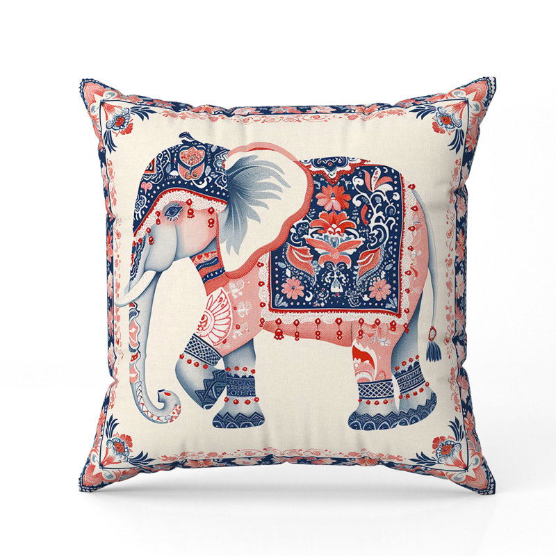 Coussin intérieur / extérieur Elephant Garden, H 20 po x l 20 po, Bleu/rouge