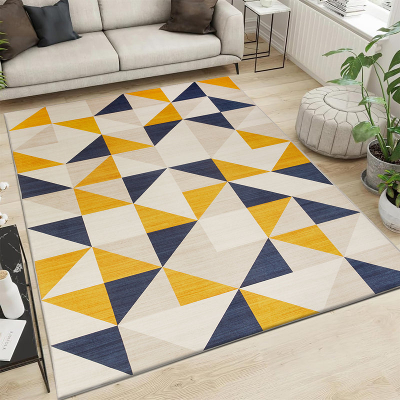 Modern Geometric Machine Tufted Area Rug – Navy Blue, Yellow & Ivory, Rectangle  200 x 290 cm