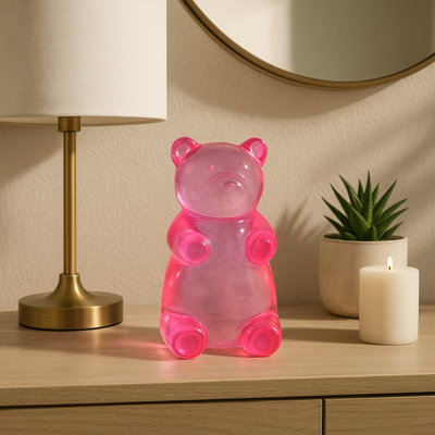 Decorative Happy Candy Bear Figurine Sculpture - Whimsical Design Home Decor - Statue Accent Shelf, Living Room, Or Office Displays - 7", Pink