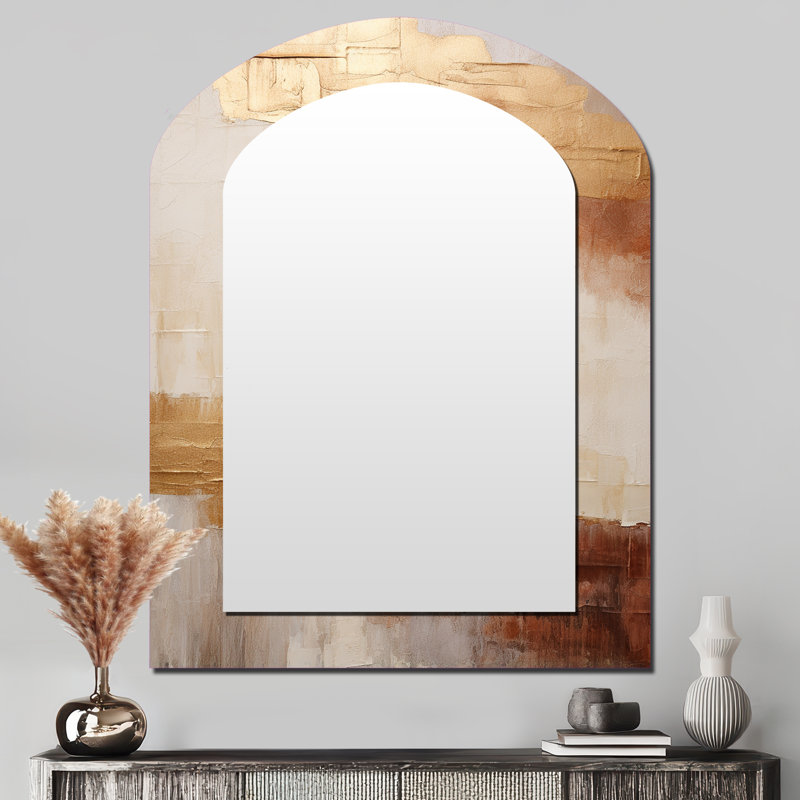 Minimal or et beige abstrait rivière II - miroir arqué Northern Lights, miroir mural asymétrique beige unique, impression sur métal
