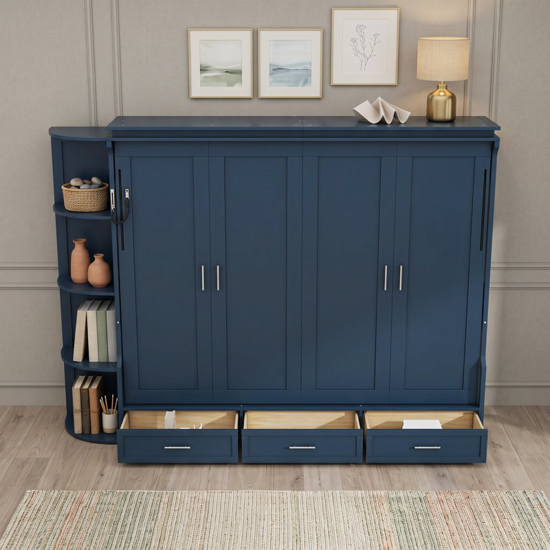Lit plateforme avec tablettes et tiroirs Murphy, Grand lit, Bleu