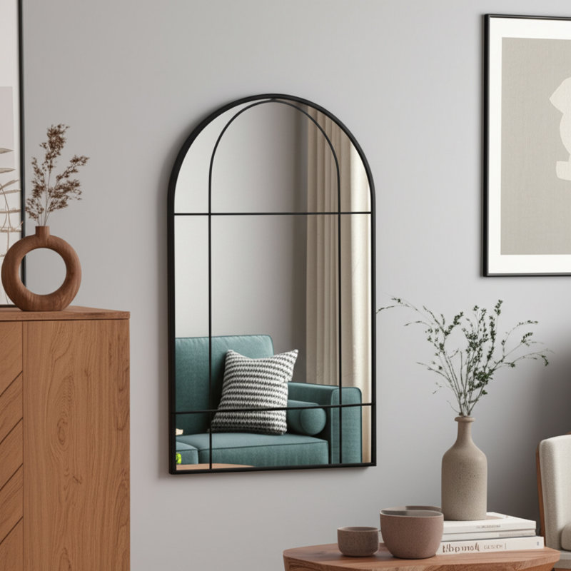 Decorative Windowpane Metal & Wood Frame Wall Mirror for Bathroom or Vanity Table - Modern Functional Large Mirror for Entryway Display - 43", Black