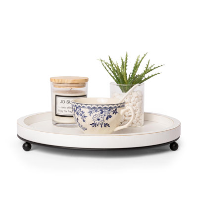 12In Decorative Tray For Home Decor - White Wood Iron Bead Tray, Round Tray For Coffee Table, Rustic Wooden Tray, Farmhouse Trays Centerpiece