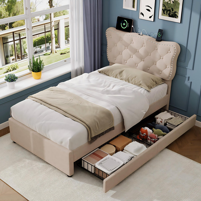 Upholstered Storage Bed, Beige